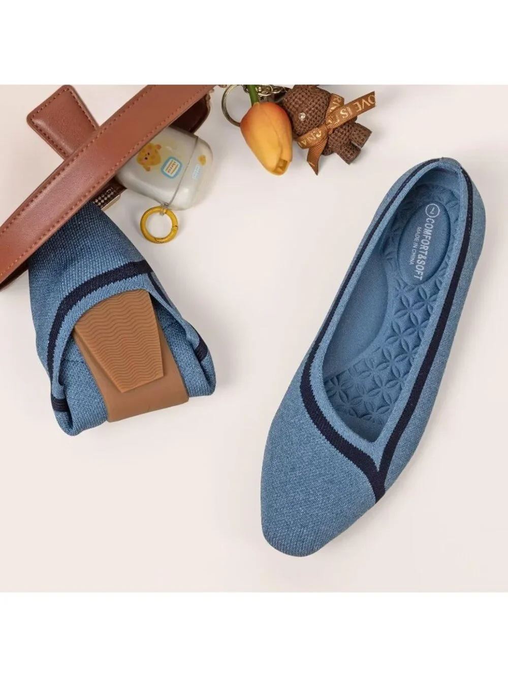 Frank Mully Women's Blue Rubber Knitted Square Toe Comfortable Slip On Flats